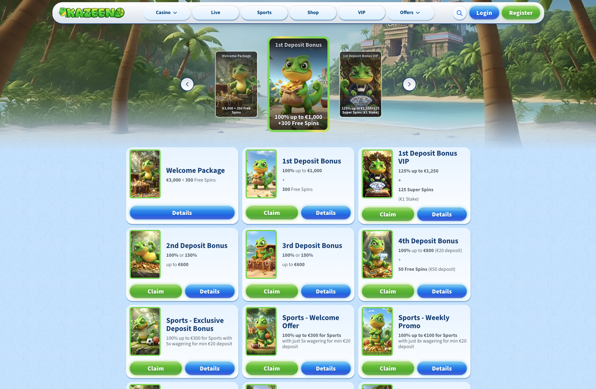 Promotions page showing the welcome package, the four deposit bonuses and the sports offers
