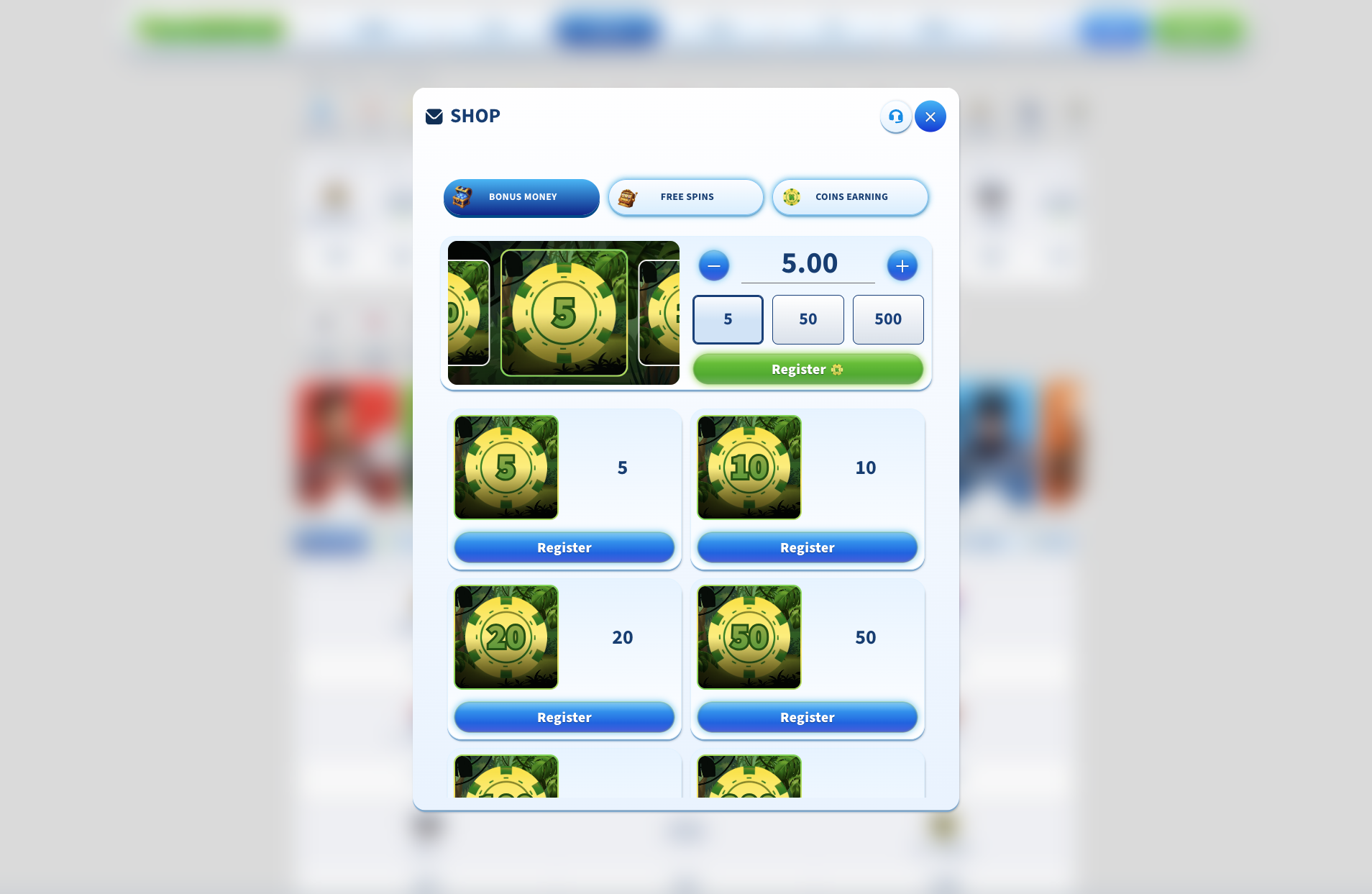 Coin shop overlay with tabs for bonus money, free spins and coins earning