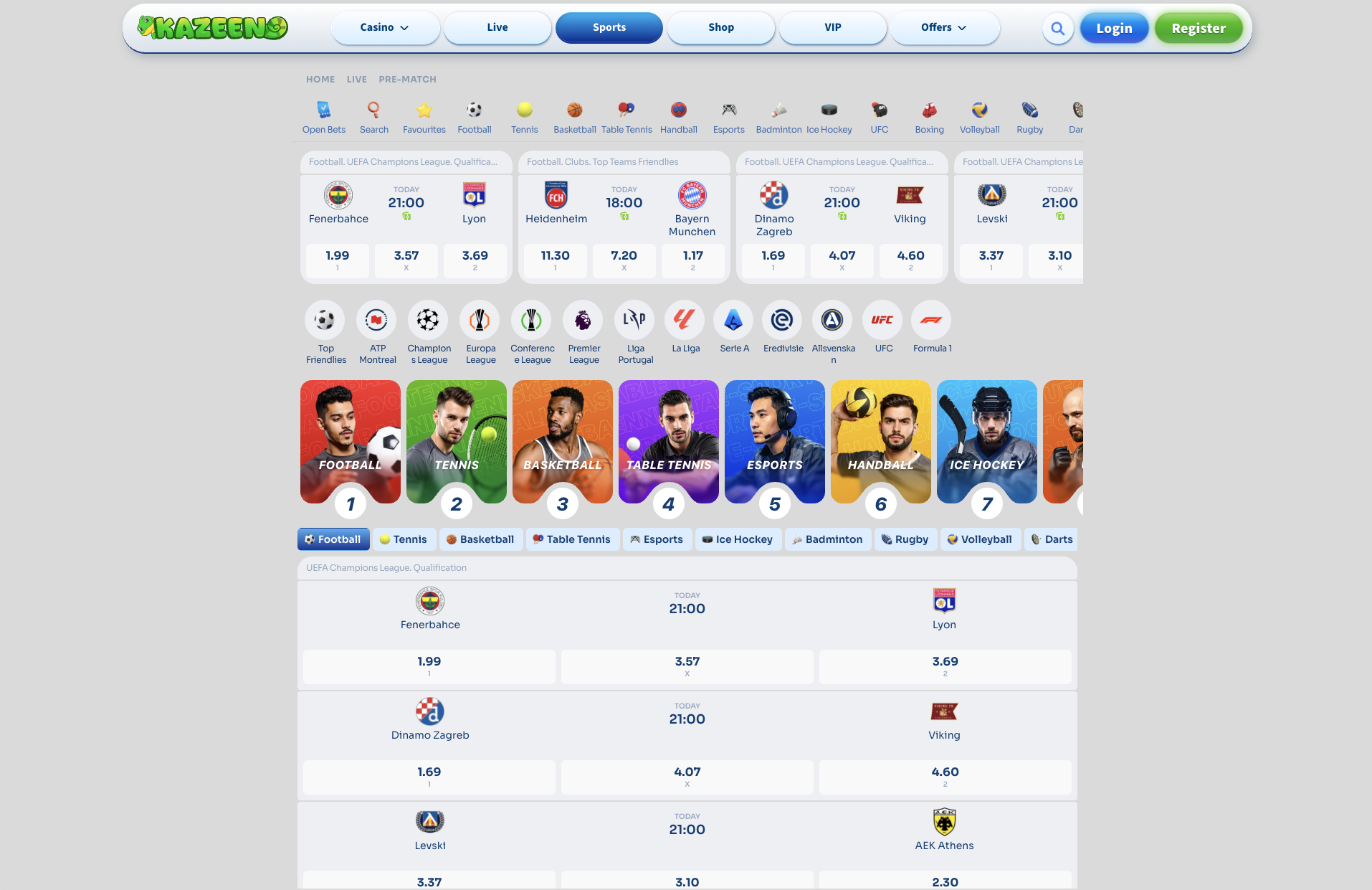 Kazeeno Casino sportsbook with live football odds and the sport icon bar
