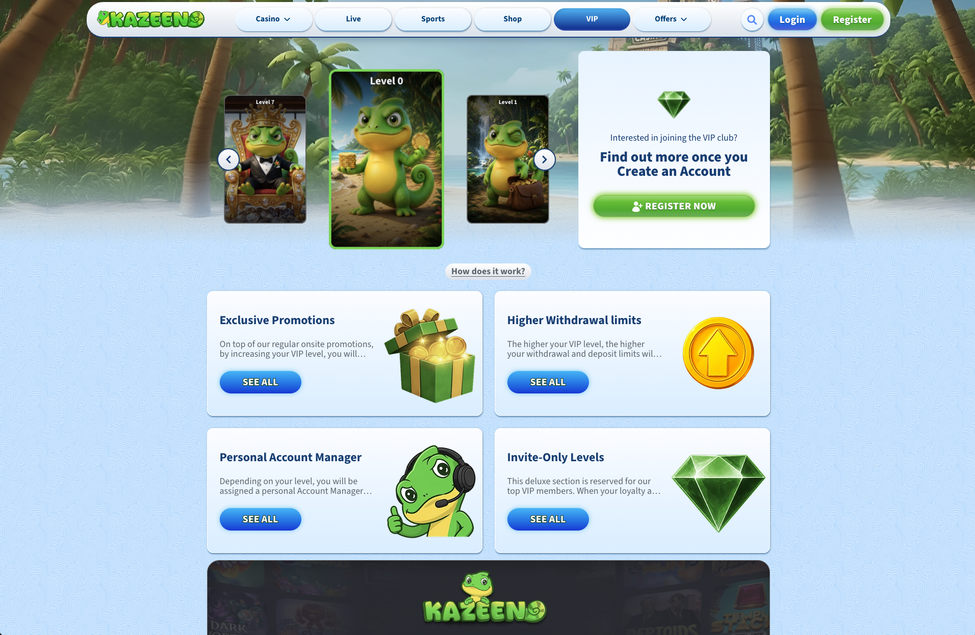 Kazeeno Casino VIP club levels with the personal account manager and higher withdrawal limit tiles