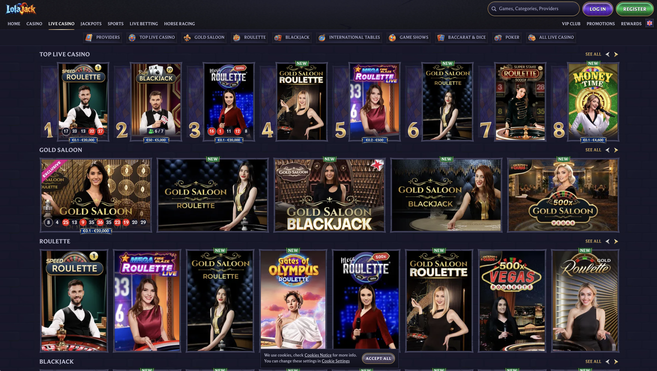 Live dealer tables including Gold Saloon roulette