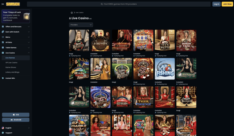 Live dealer tables with roulette and blackjack
