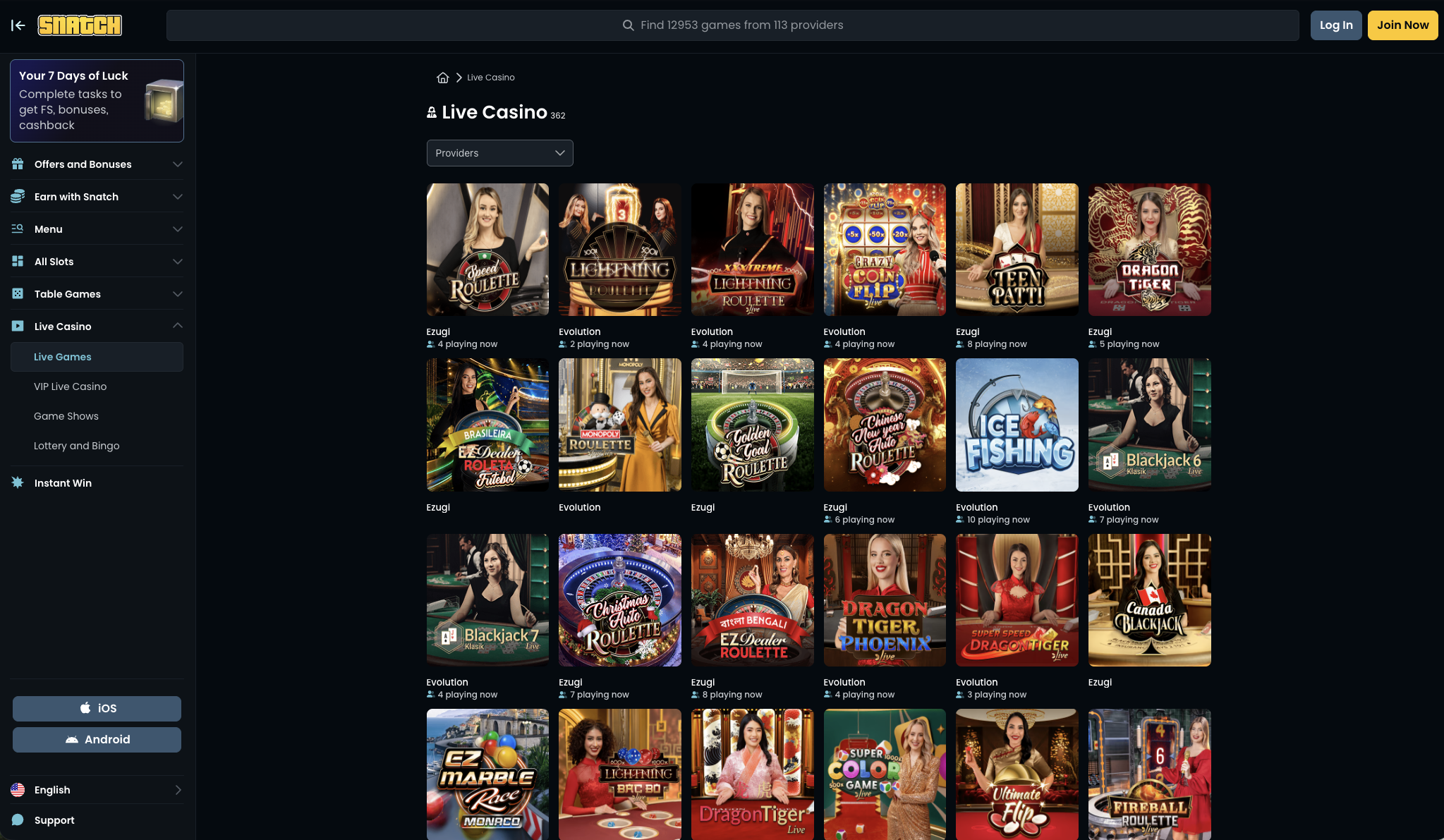Live dealer tables with roulette and blackjack