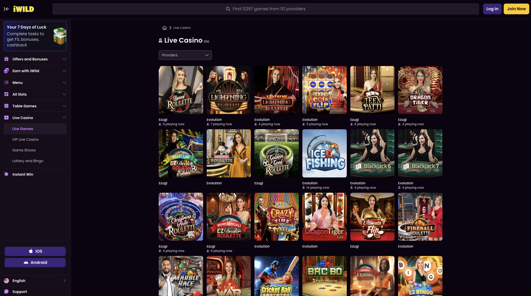Live dealer tables with roulette, blackjack and game shows