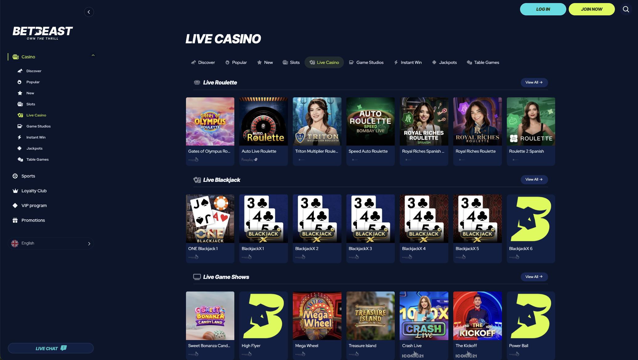 Live dealer tables with roulette, blackjack and game shows