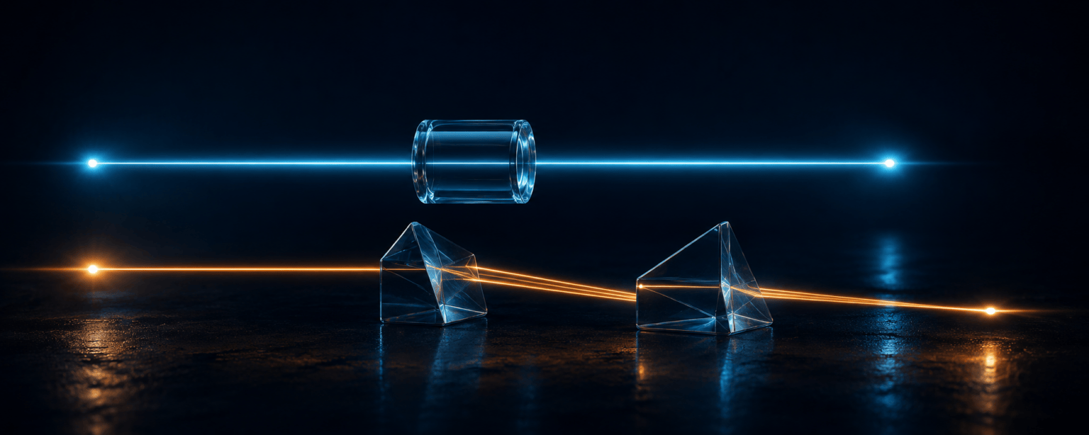 Two light paths, one passing straight through and one split by prisms, showing a direct ringgit balance against a converted one