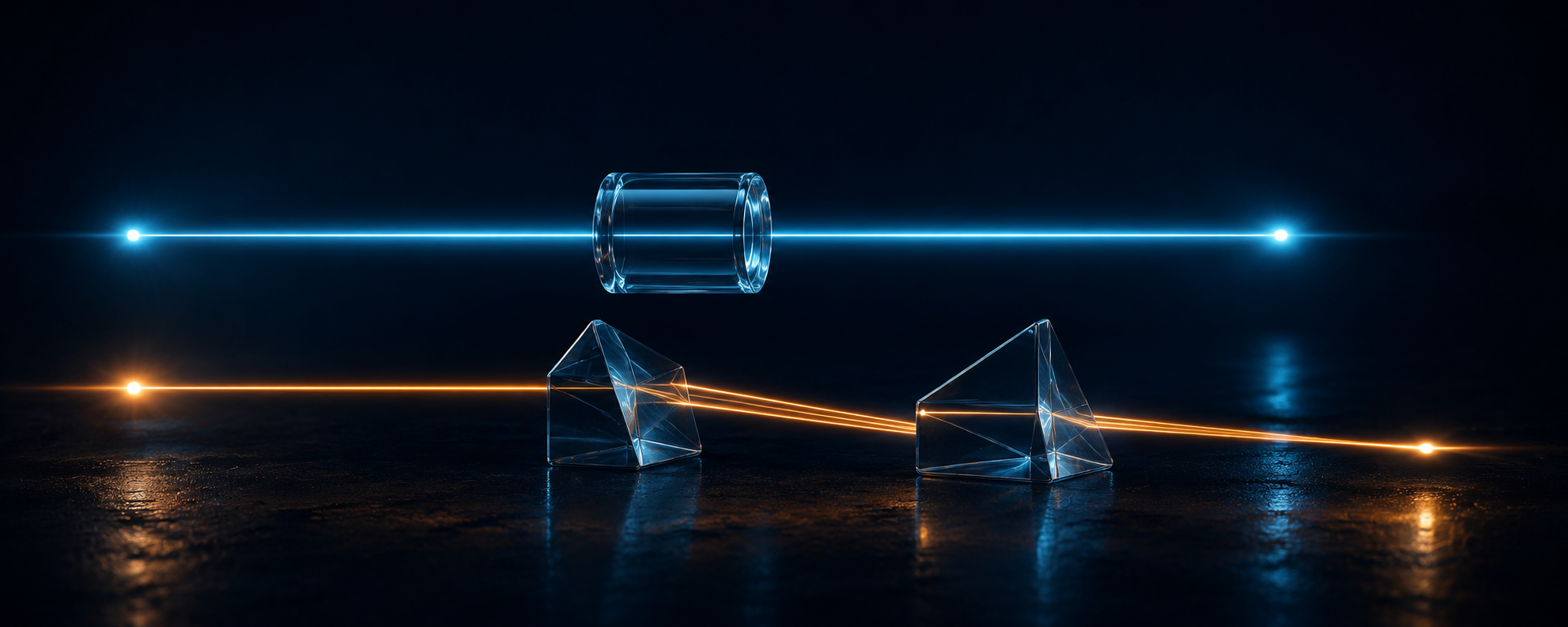 Two light paths, one passing straight through and one split by prisms, showing a direct ringgit balance against a converted one