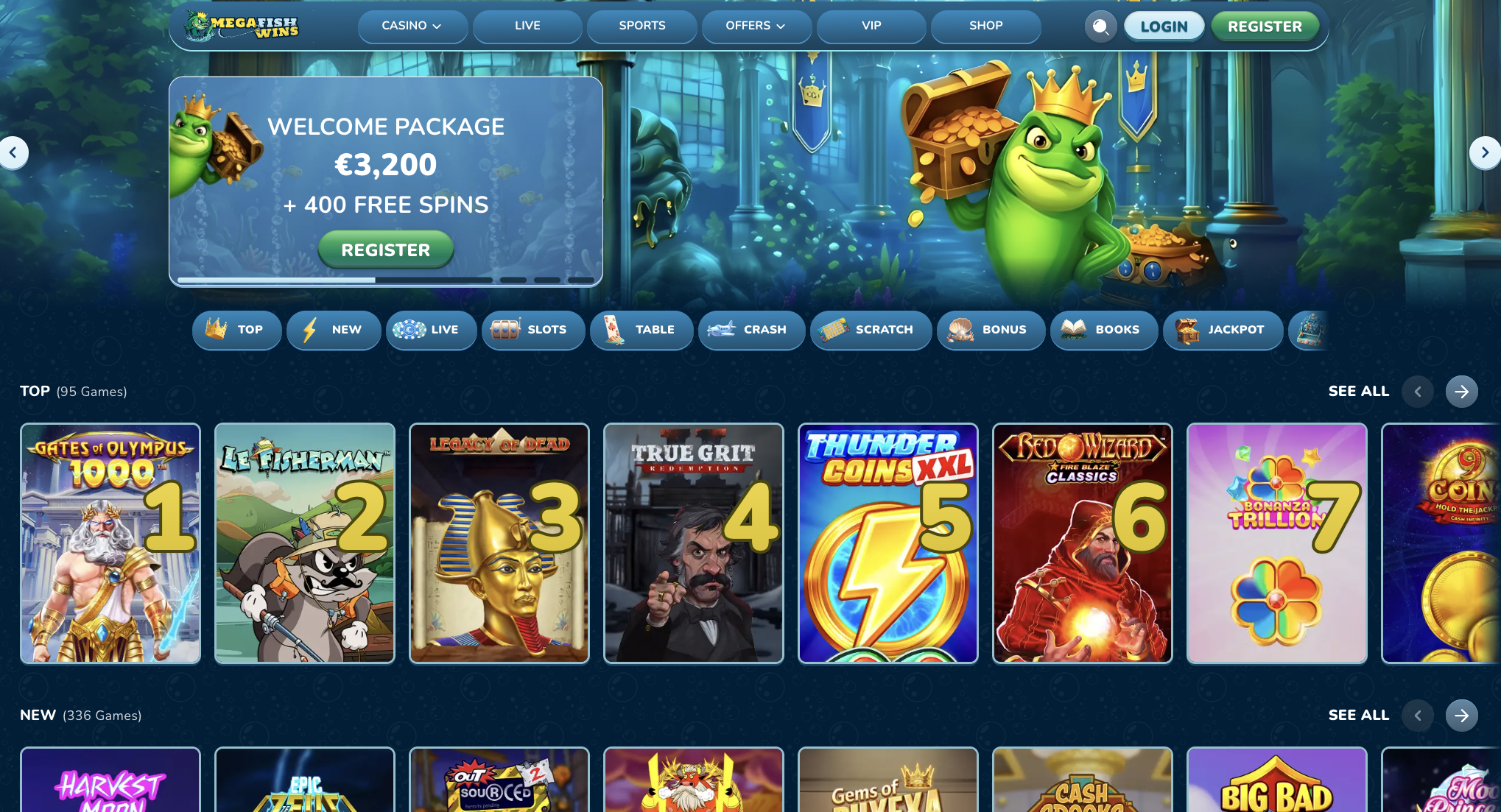 MegaFishWins Casino homepage with the underwater lobby and the welcome package banner