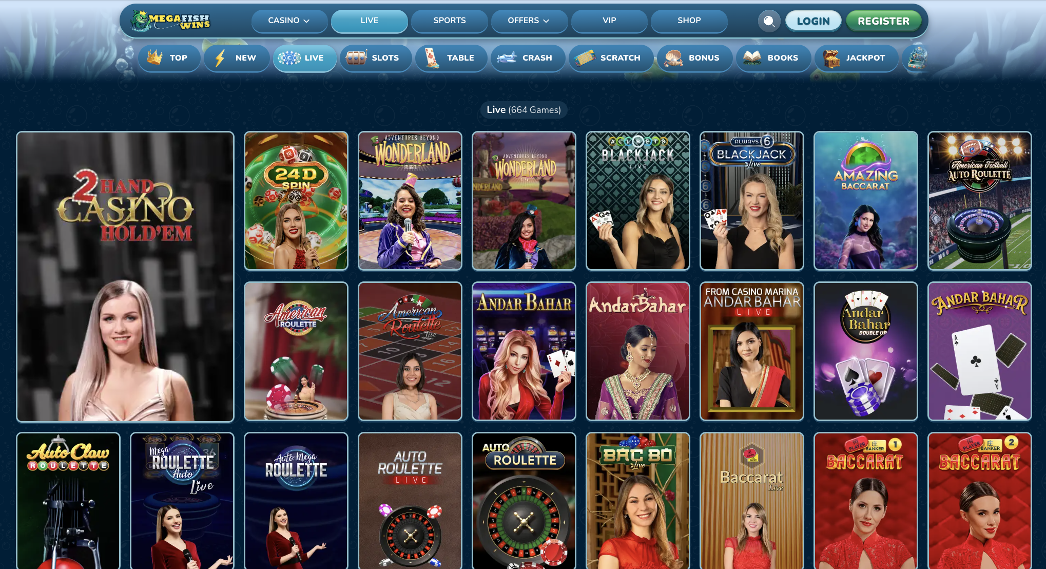 Live casino lobby with Evolution and Pragmatic Play Live tables