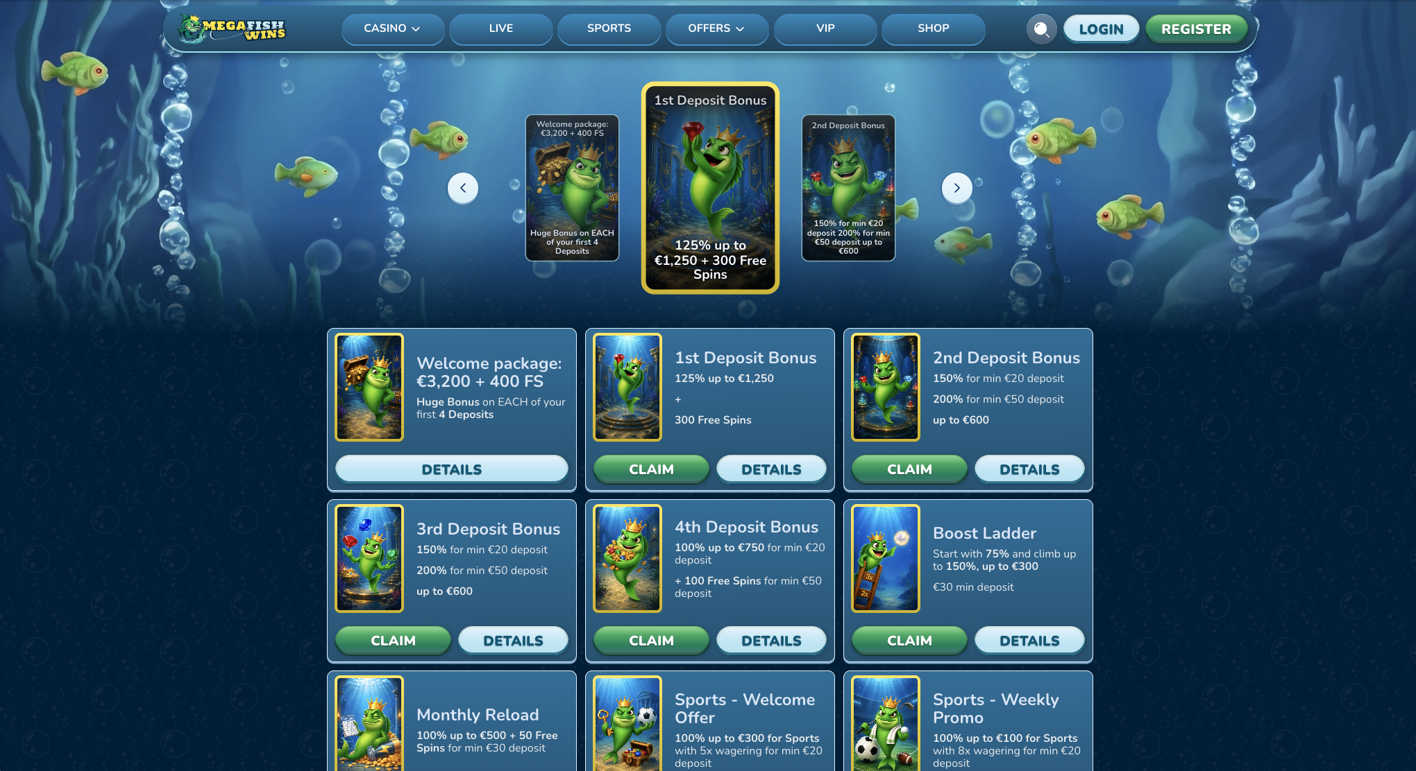 Promotions page listing the four deposit bonuses and the reload offers