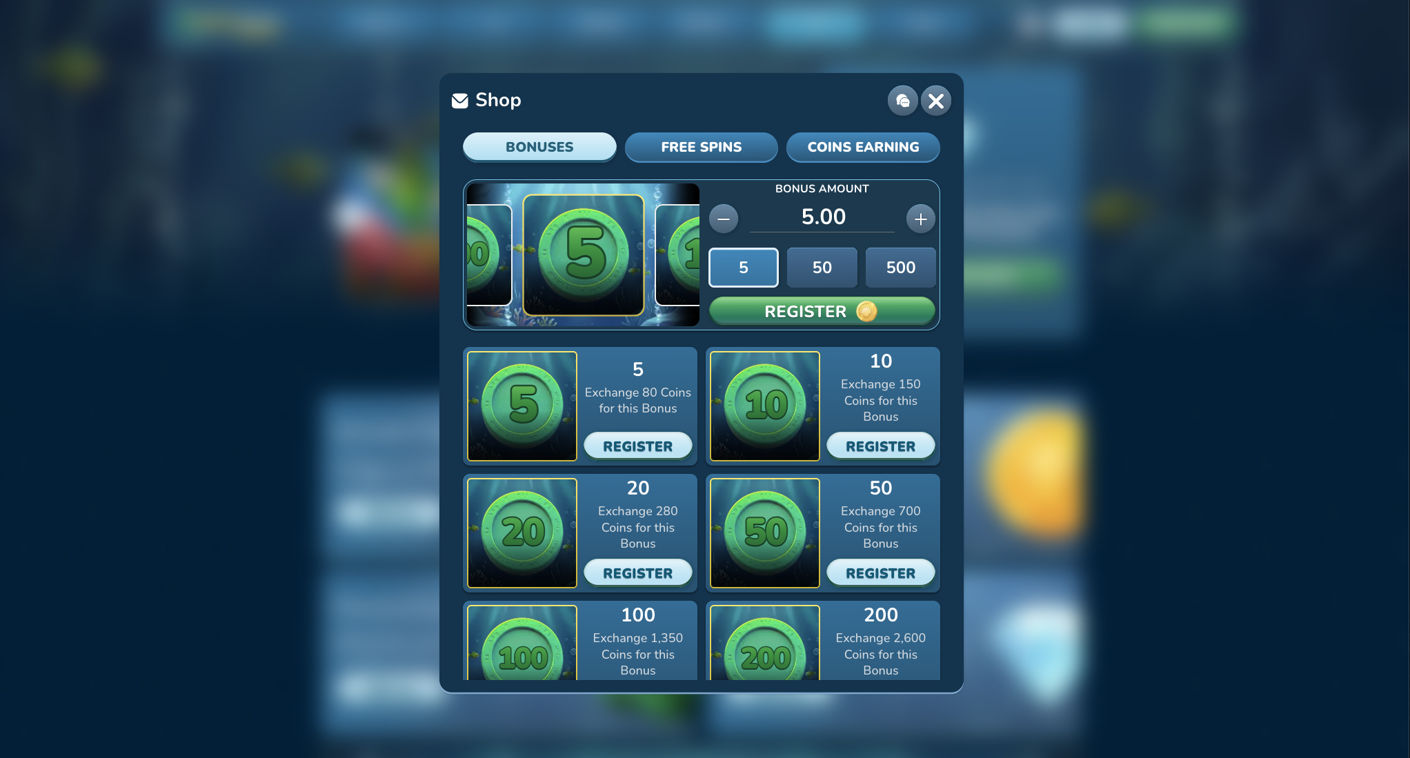 MegaFishWins Casino coin shop with bonus money and free spin packages