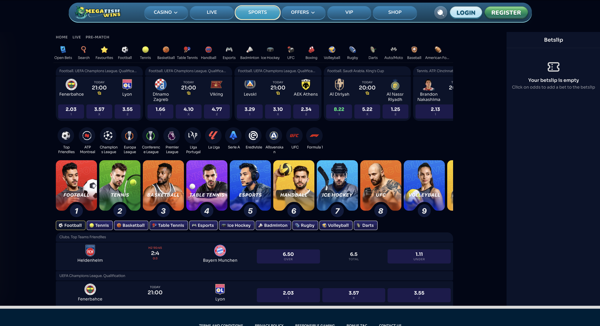 Sportsbook with football, tennis, basketball and esports markets