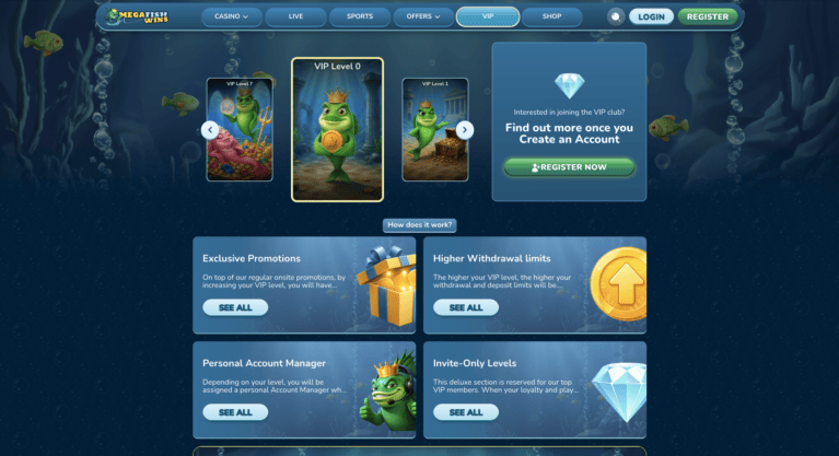 MegaFishWins Casino VIP club with eight levels and daily cashback