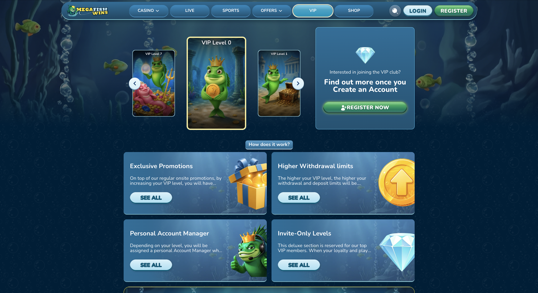 MegaFishWins Casino VIP club with eight levels and daily cashback