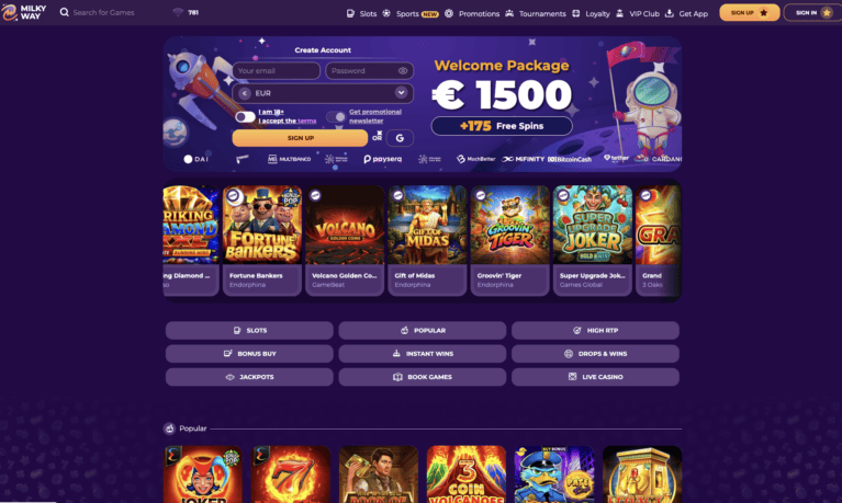 MilkyWay Casino homepage with the 1500 euro welcome package banner and the jackpot ticker