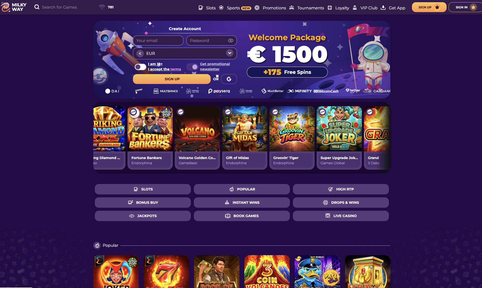MilkyWay Casino homepage with the 1500 euro welcome package banner and the jackpot ticker