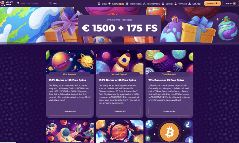 Promotions page showing the three deposit offers, the cashback tiers and the crypto bonus