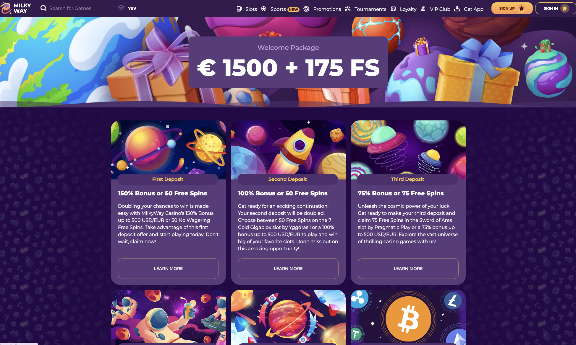 Promotions page showing the three deposit offers, the cashback tiers and the crypto bonus