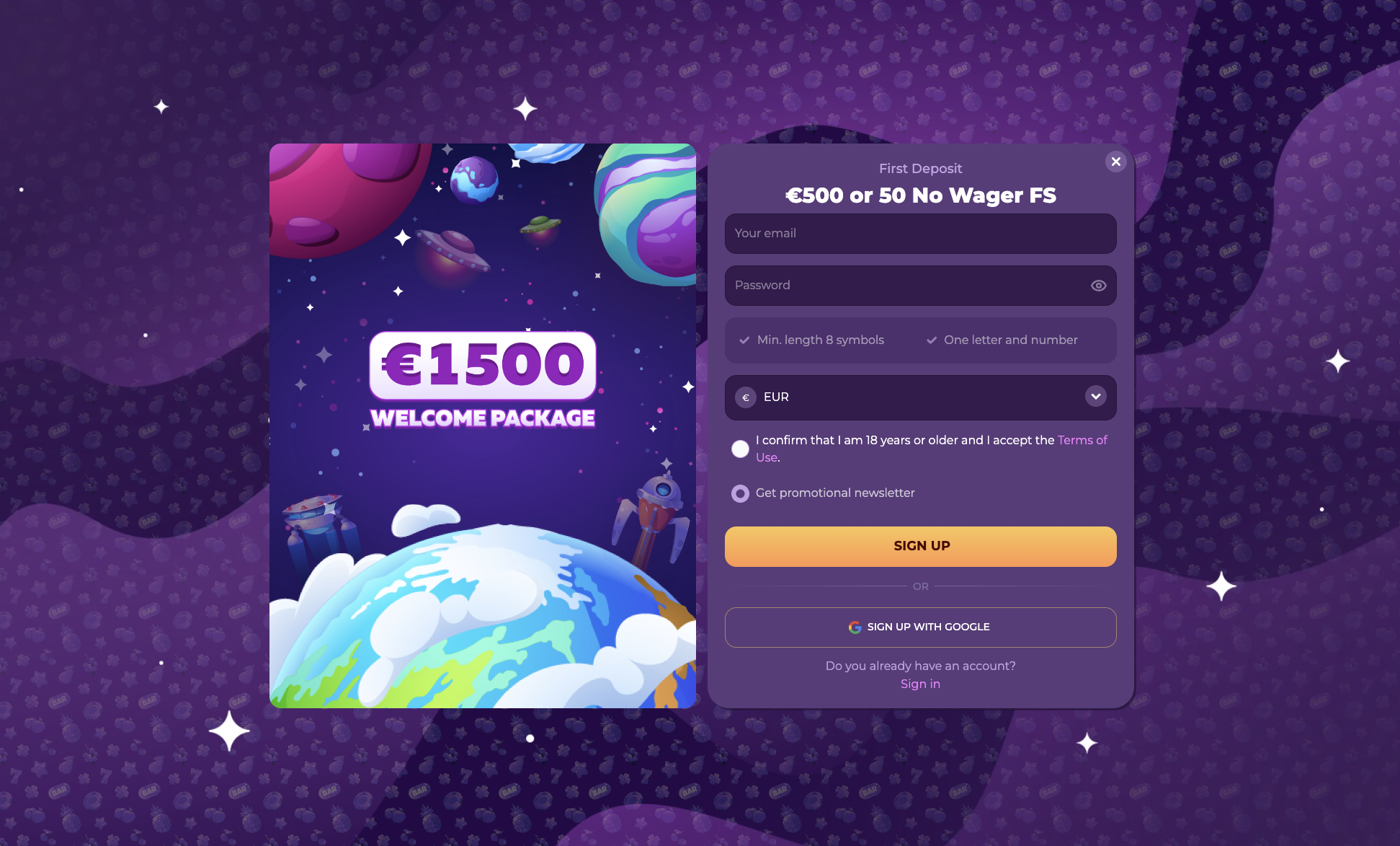 Registration form at MilkyWay Casino with the currency selector open