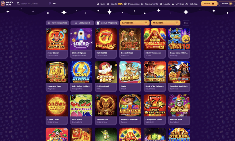 Slots lobby with the provider filter open, listing every studio and its game count