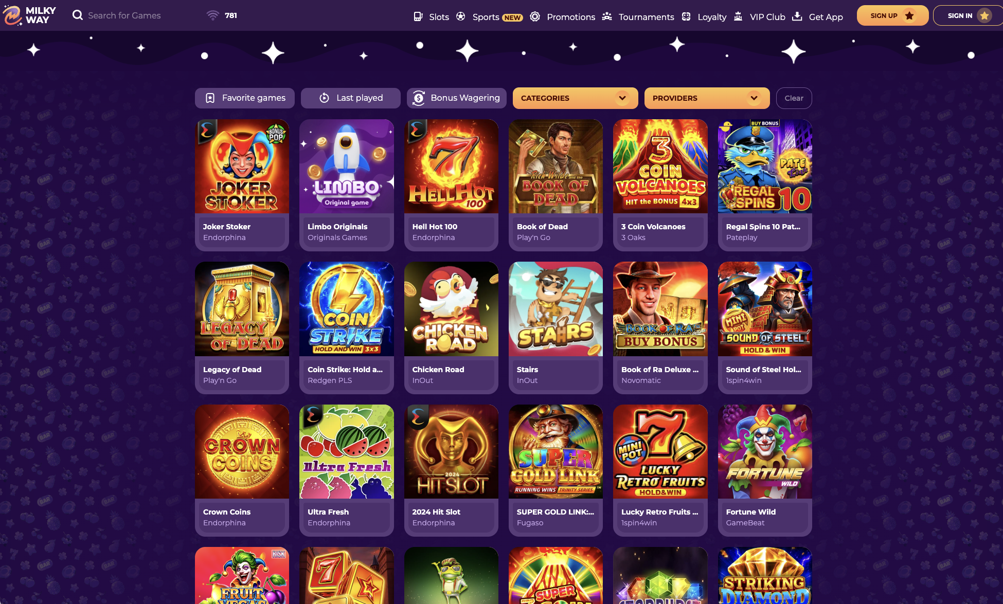Slots lobby with the provider filter open, listing every studio and its game count