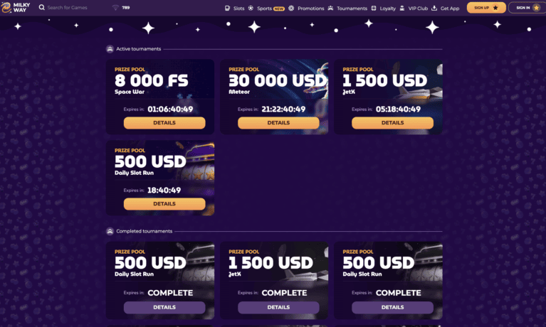 Tournament page with the prize pools and countdown timers for the running races