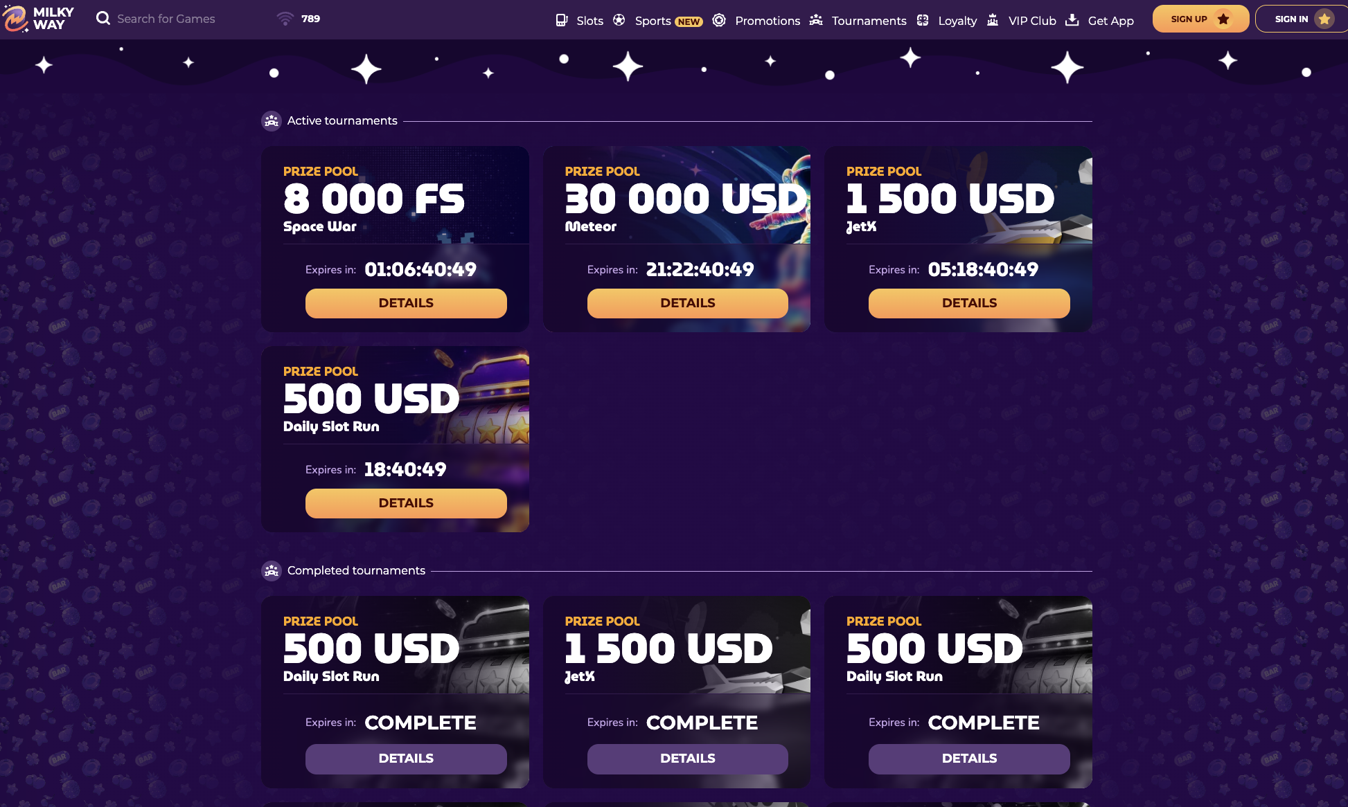 Tournament page with the prize pools and countdown timers for the running races