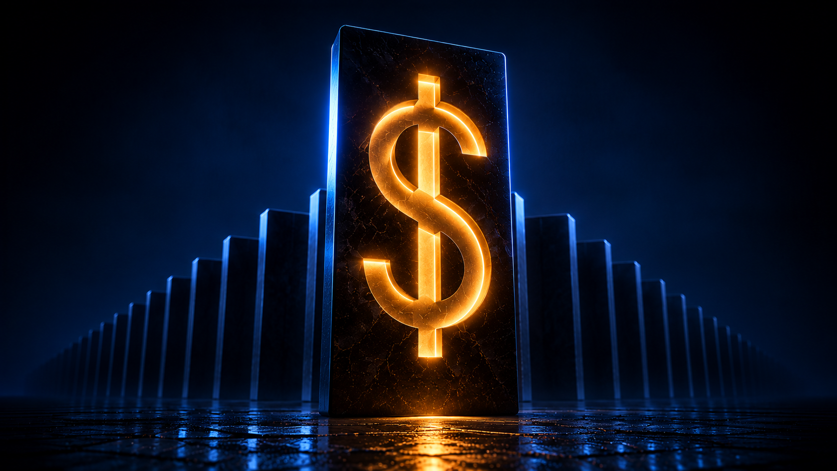 A single lit stone monolith standing ahead of a long row of dark unlit ones, marking a capped licensed market