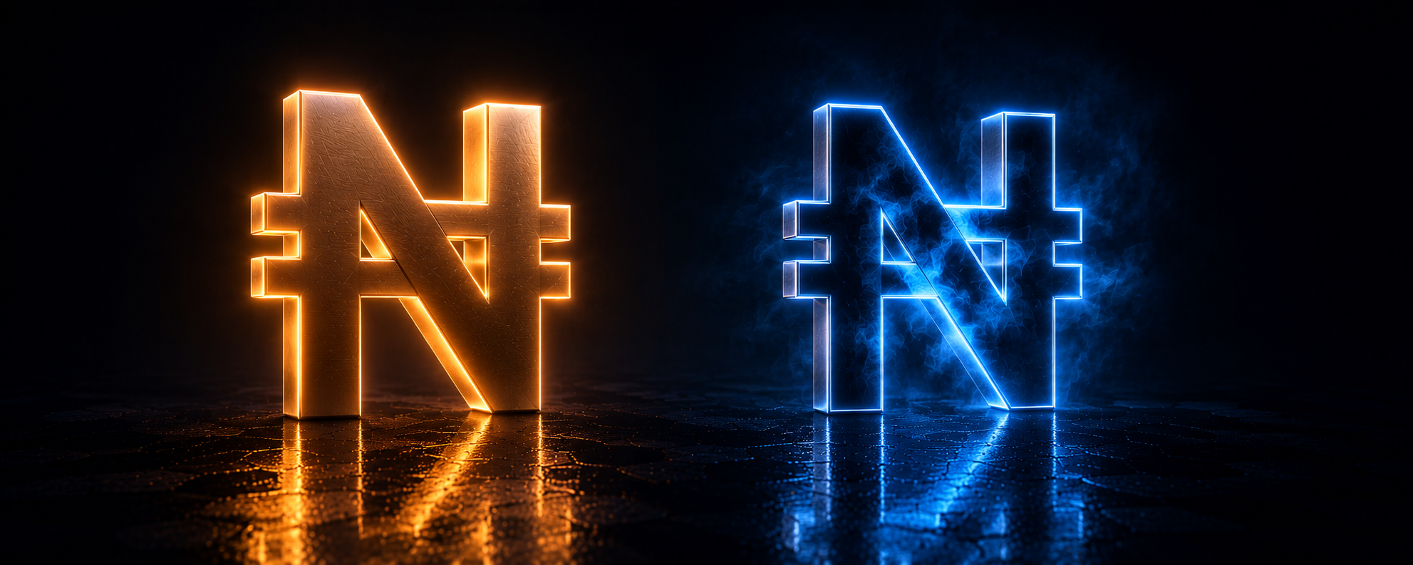 Two naira symbols, one solid metal glowing from within and one a hollow shell filled with cold blue vapour showing through it