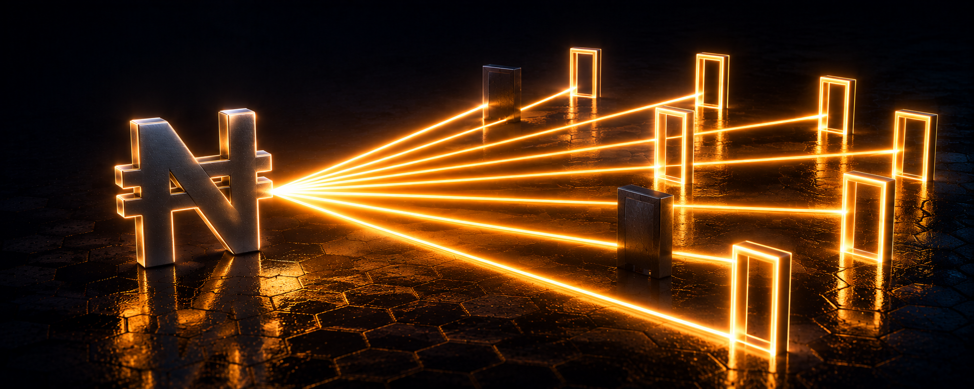 A beam from a naira symbol splitting into many separate rails, each ending at its own gate, most glowing open and two dark and closed