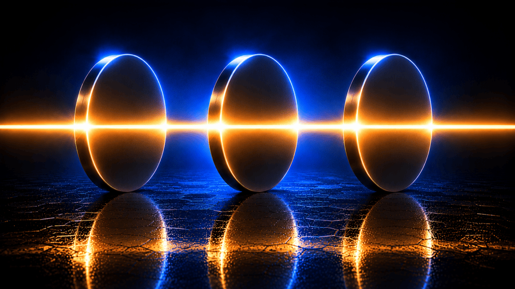 Three polished metal coins standing on edge, lit by a warm amber beam passing across them, on a dark reflective floor