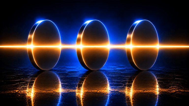 Three polished metal coins standing on edge, lit by a warm amber beam passing across them, on a dark reflective floor