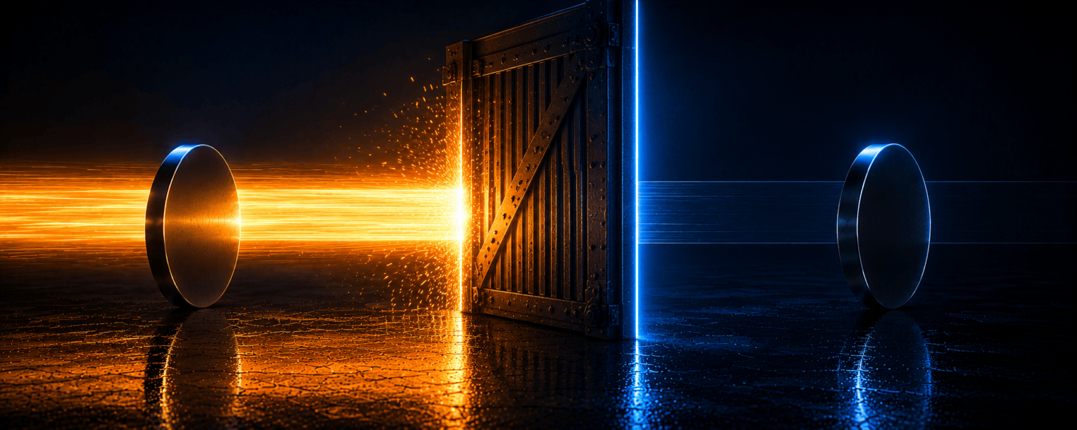 A wide rail of light stopping dead against a heavy closed metal gate, with the same rail continuing dark and unlit beyond it