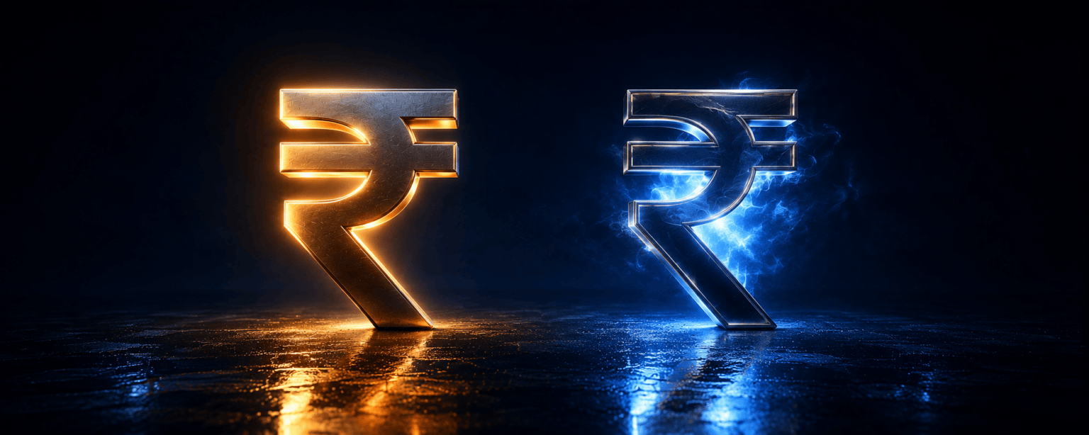 Two rupee symbols, one solid metal glowing from within and one a hollow shell in front of a cold blue mass showing through it