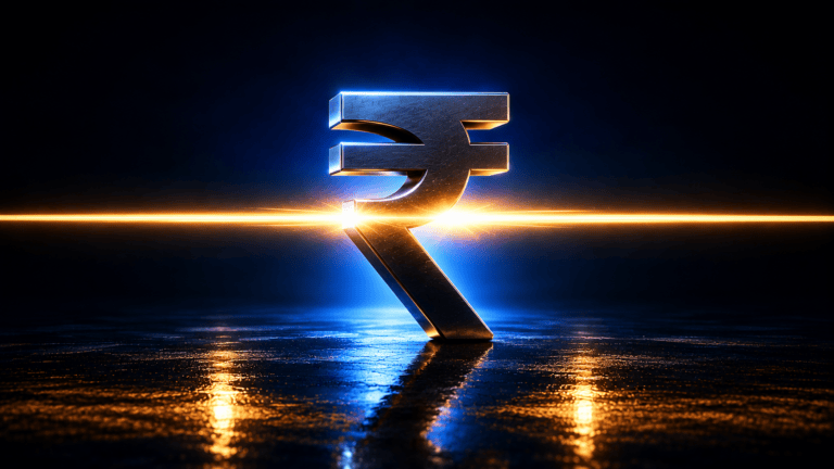 A brushed metal Pakistani rupee symbol lit by a warm amber beam passing straight through it, reflected on a dark wet floor