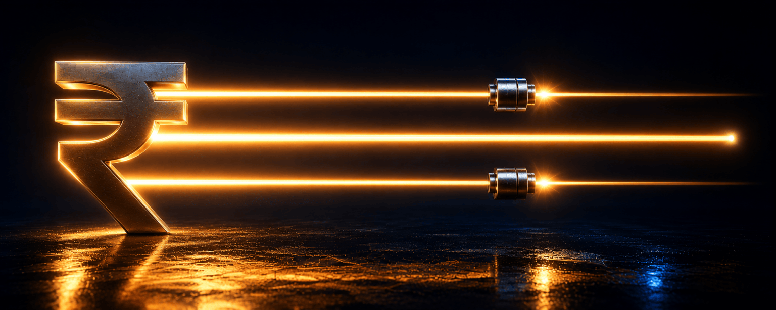 Three glowing rails leaving a rupee symbol, two choked to a thin thread by a metal collar while the third runs on at full width