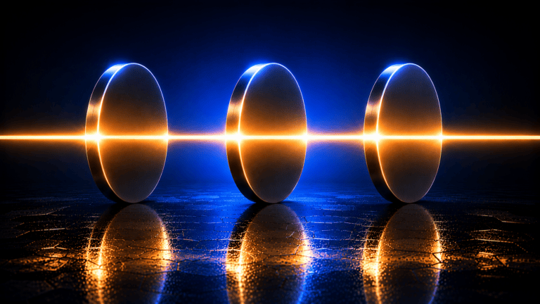 Three polished metal coins standing on edge, lit by a warm amber beam passing across them, on a dark reflective floor