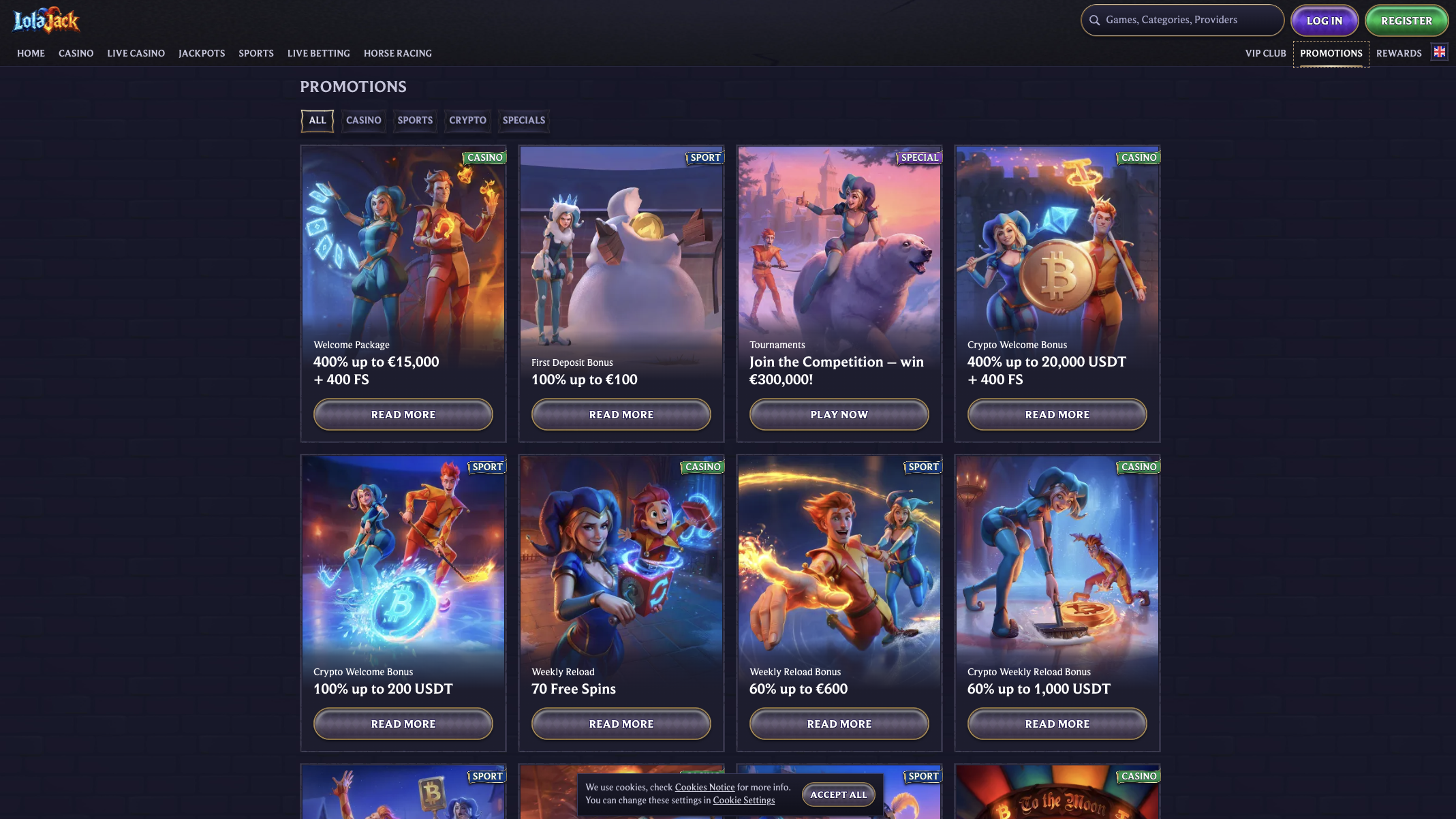 Promotions page with the welcome package and reloads