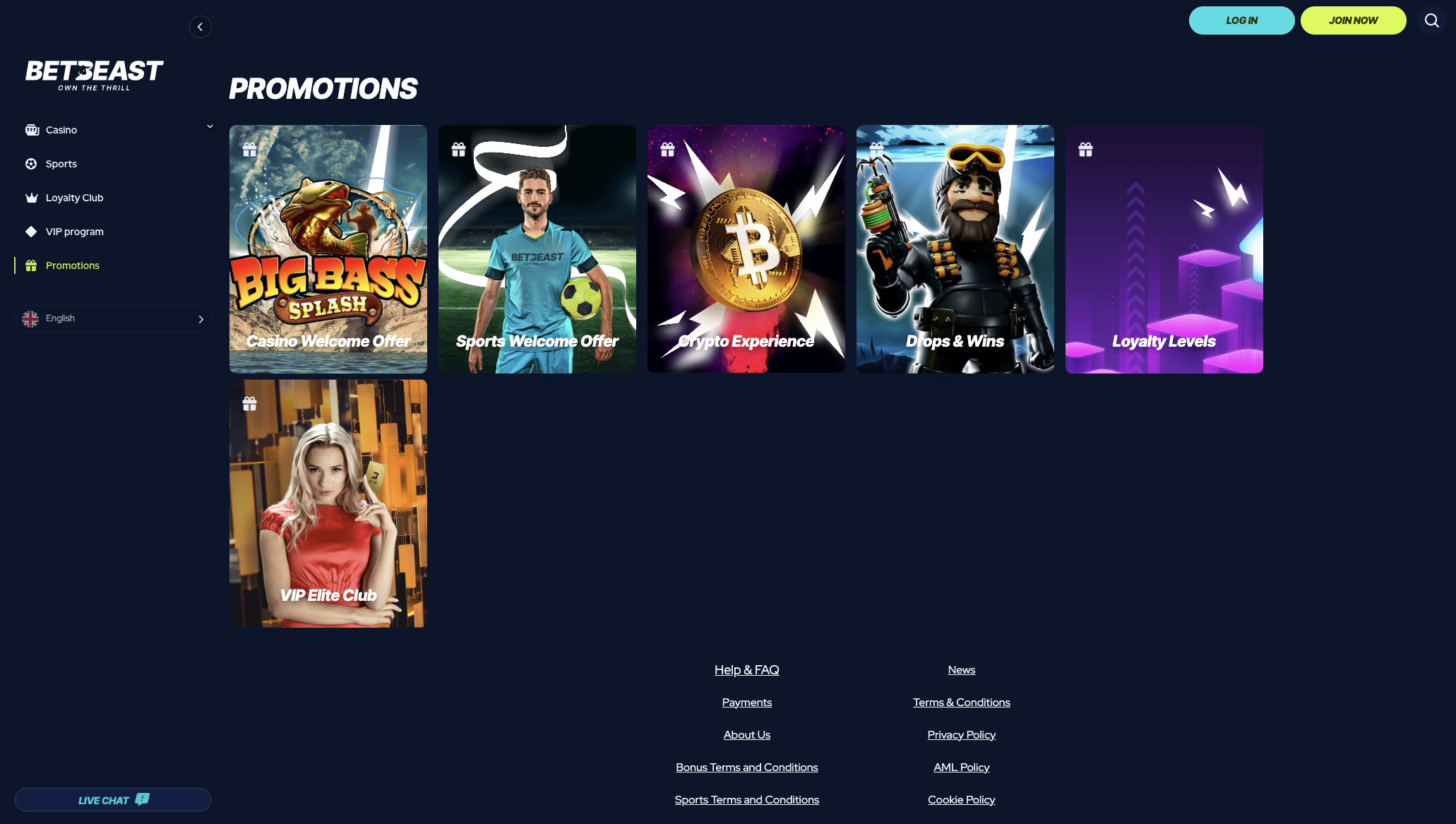 BetBeast Casino promotions page with Drops and Wins