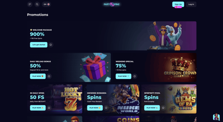 Promotions page with daily reload, weekend and free spin offers