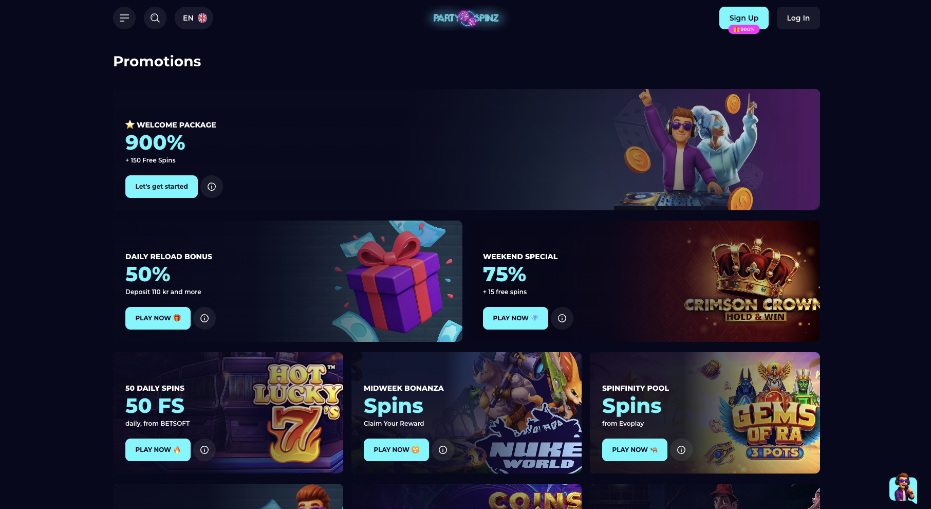 Promotions page with daily reload, weekend and free spin offers