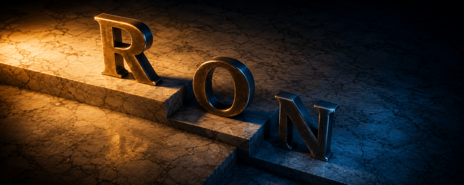 The RON letterforms standing on three descending marble steps, the highest lit warm amber and the lowest in cold blue shadow