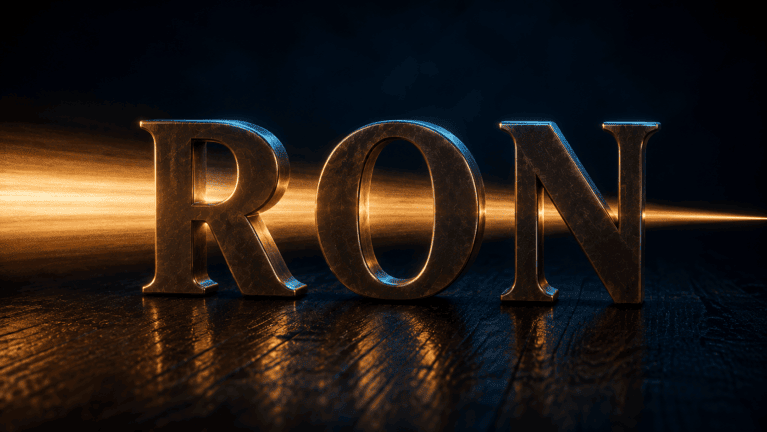 Sculpted bronze letters spelling RON on dark wood, with a beam of amber light entering wide and leaving narrower