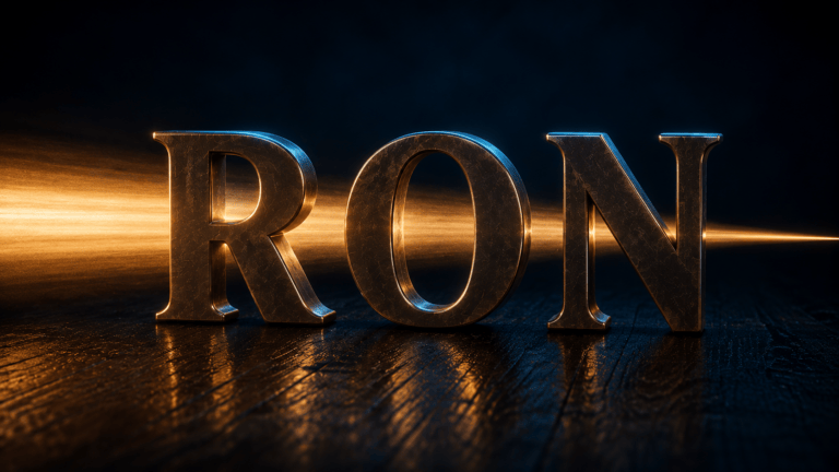 Sculpted bronze letters spelling RON on dark wood, with a beam of amber light entering wide and leaving narrower