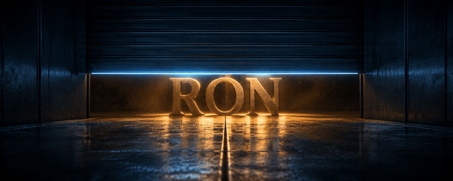 The RON letterforms lit at the end of a steel corridor with a heavy shutter part way down between them and the viewer