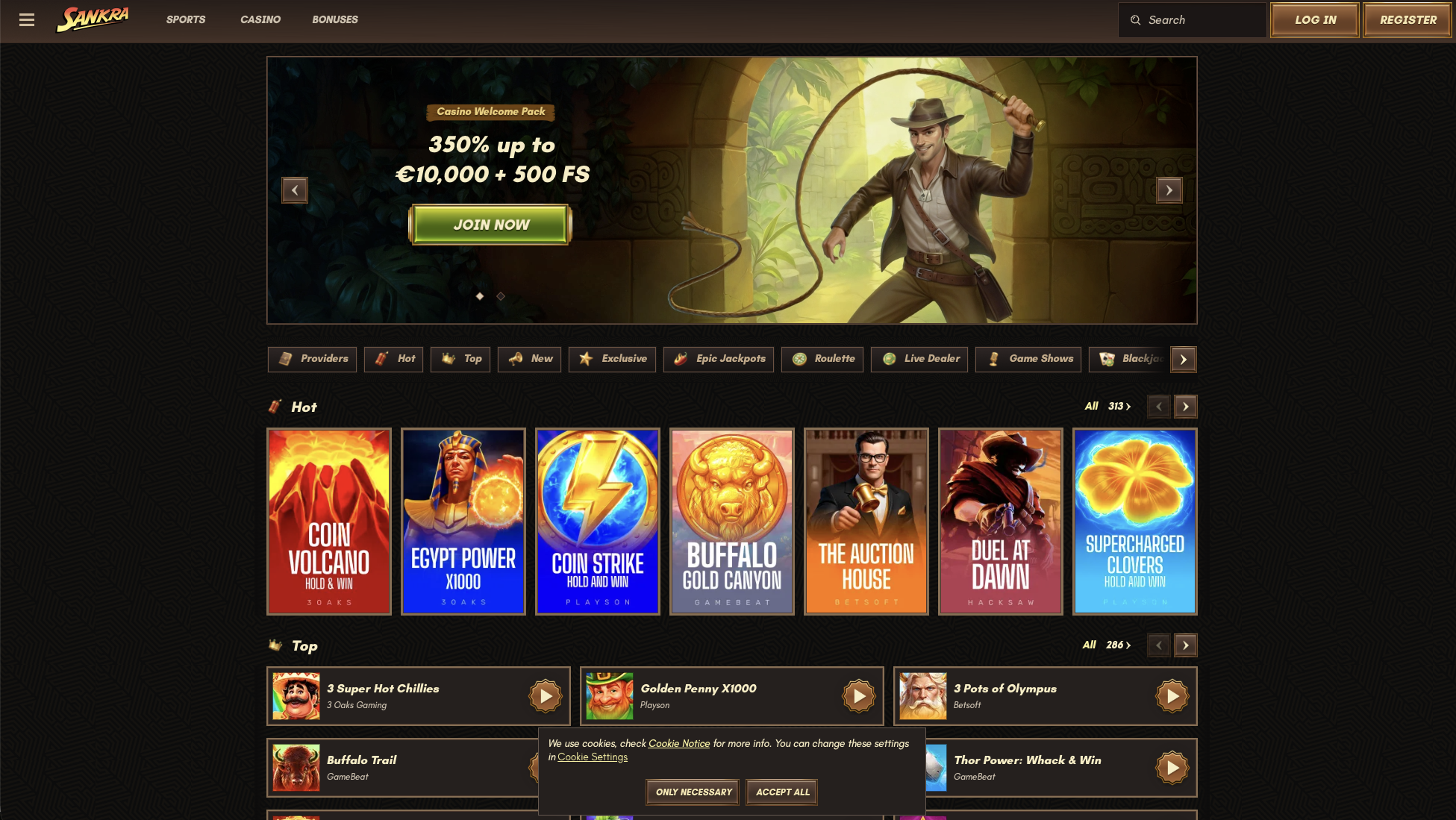 Sankra Casino home page with the welcome pack banner and game rows