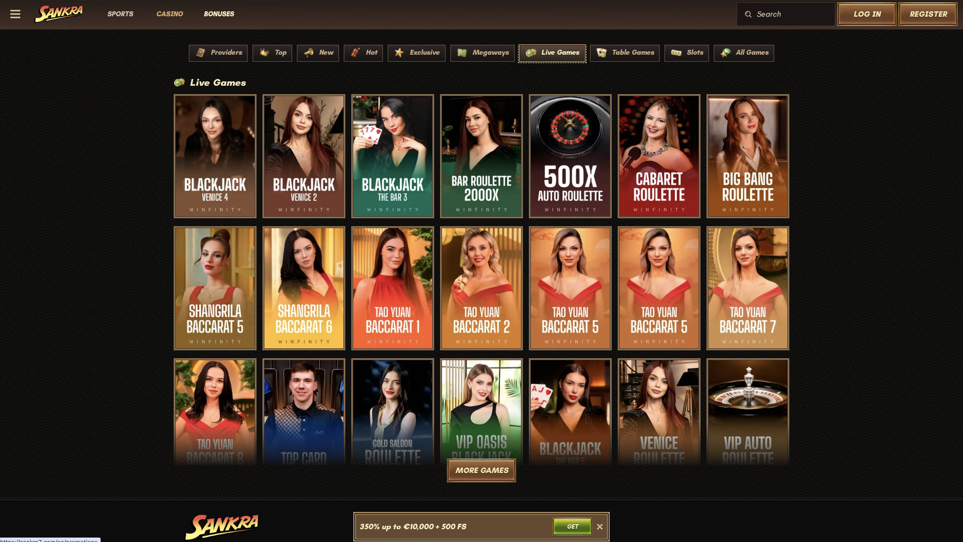 Live dealer tables and game shows in the live casino lobby