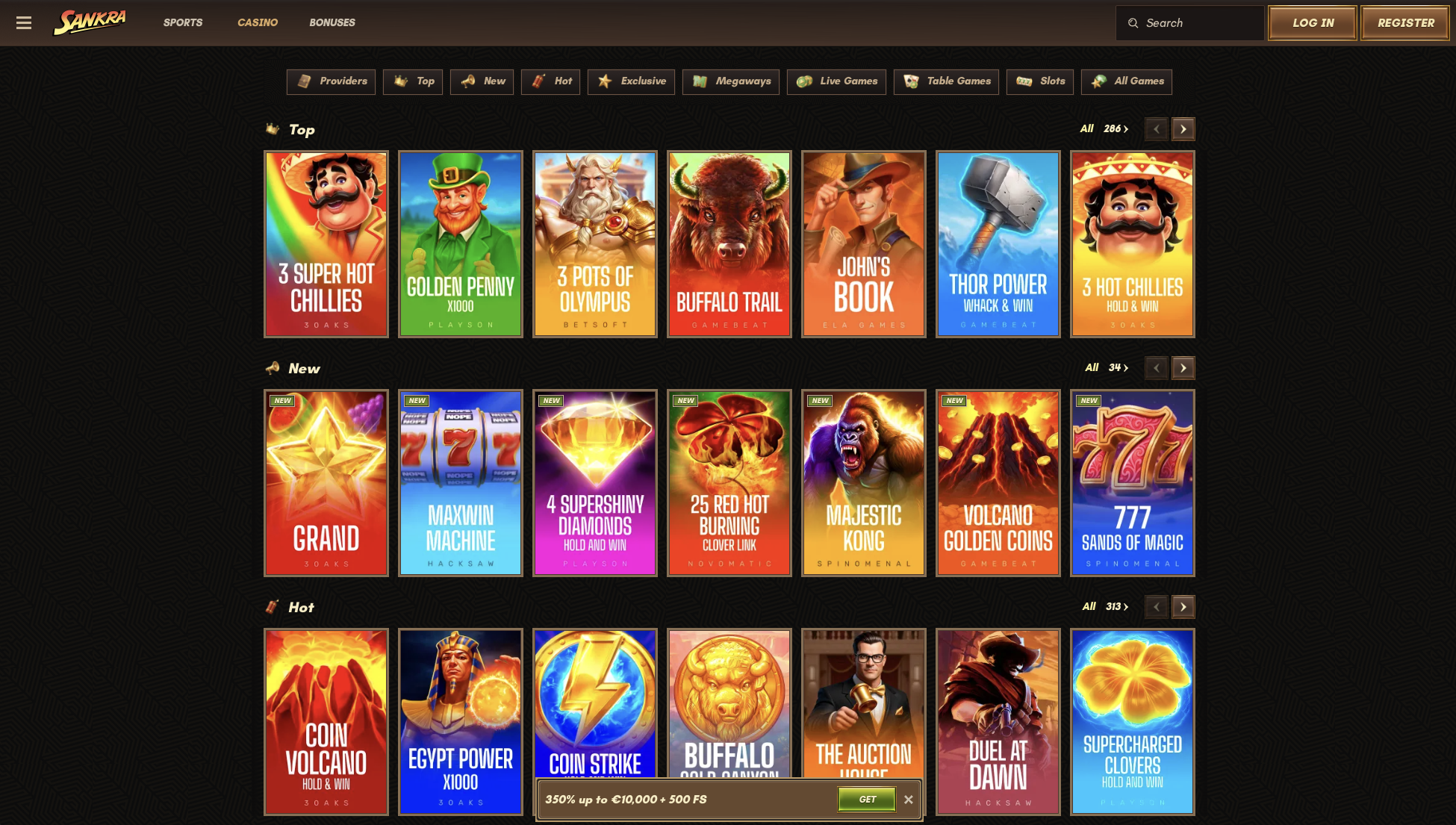 Sankra Casino slots lobby with the provider filter open