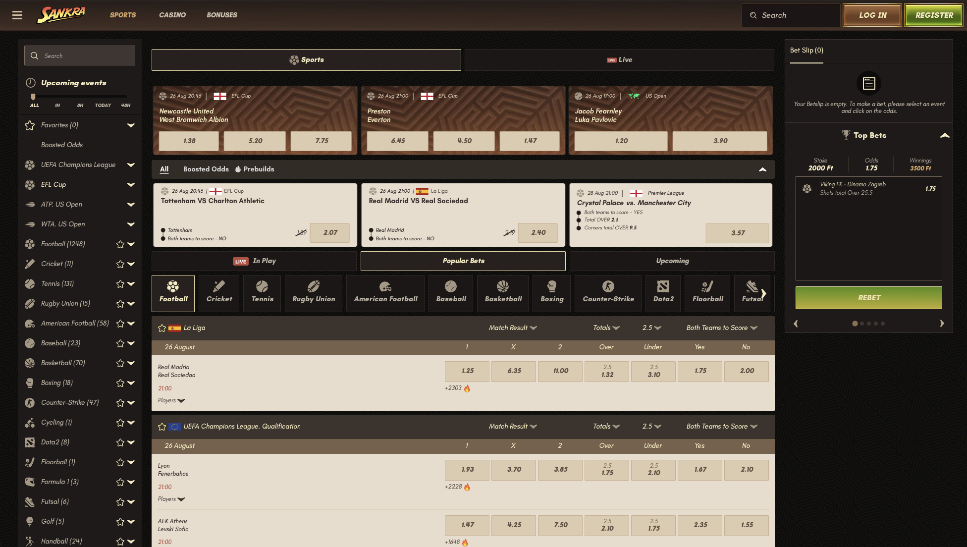 Sportsbook with live betting, football and esports markets