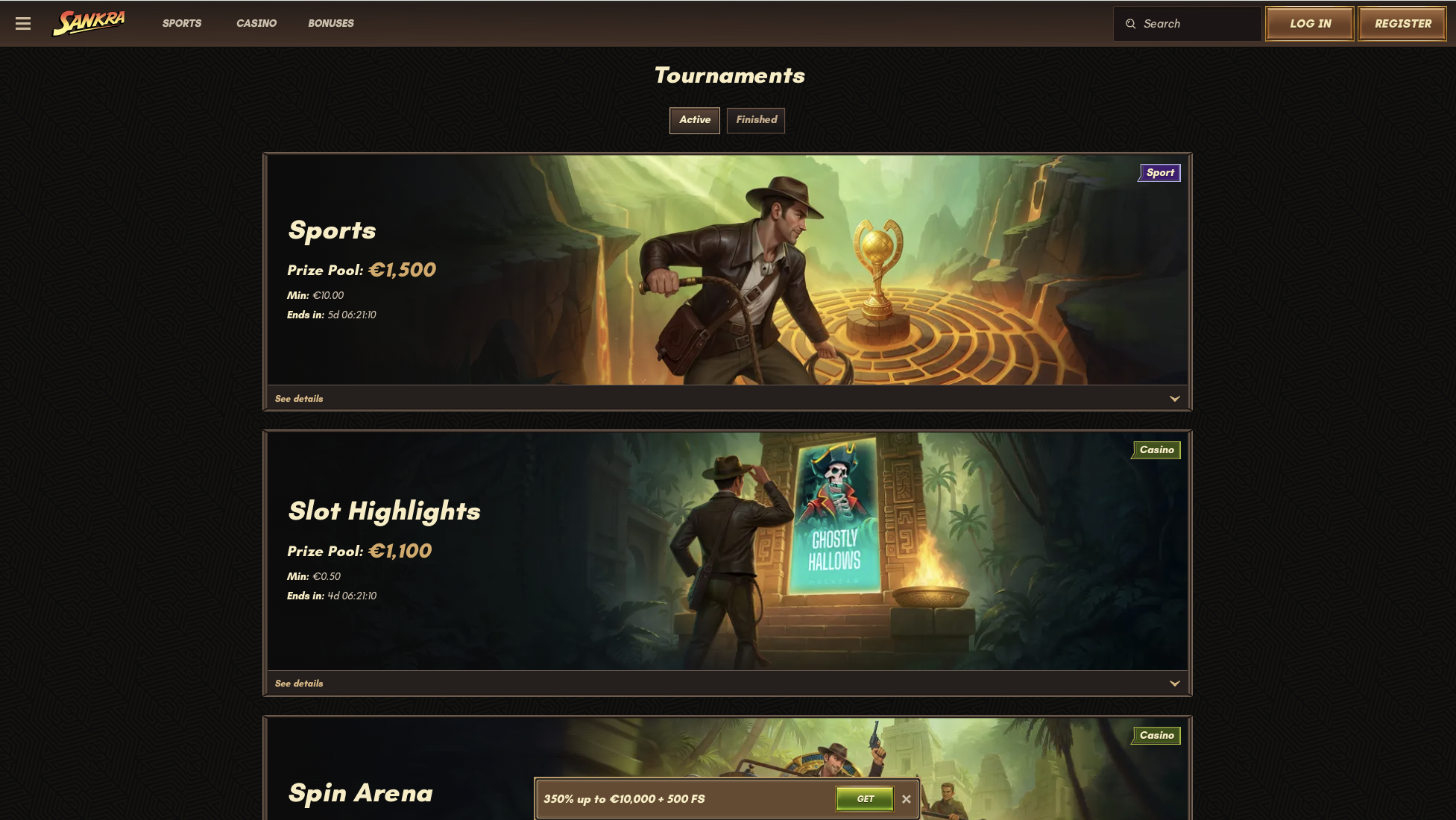 Tournaments page showing active leaderboards and prize pools